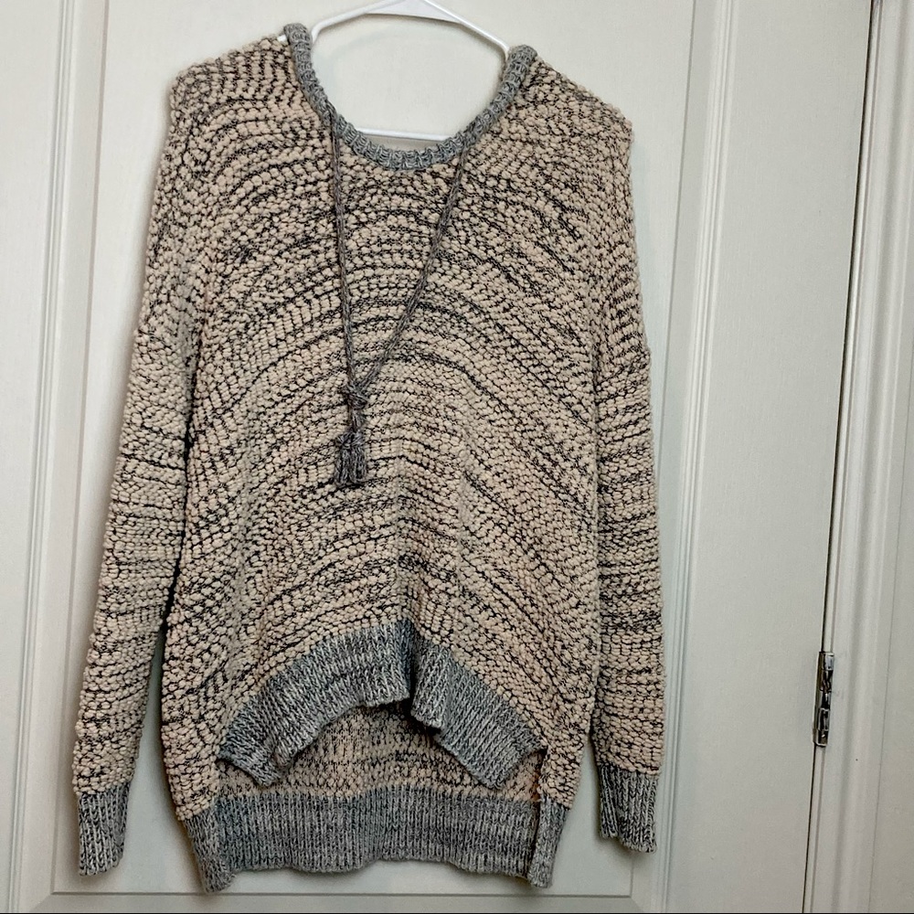 Pink & White Stripe Popcorn Side-Slit High Low Hooded Sweater Women's Size L